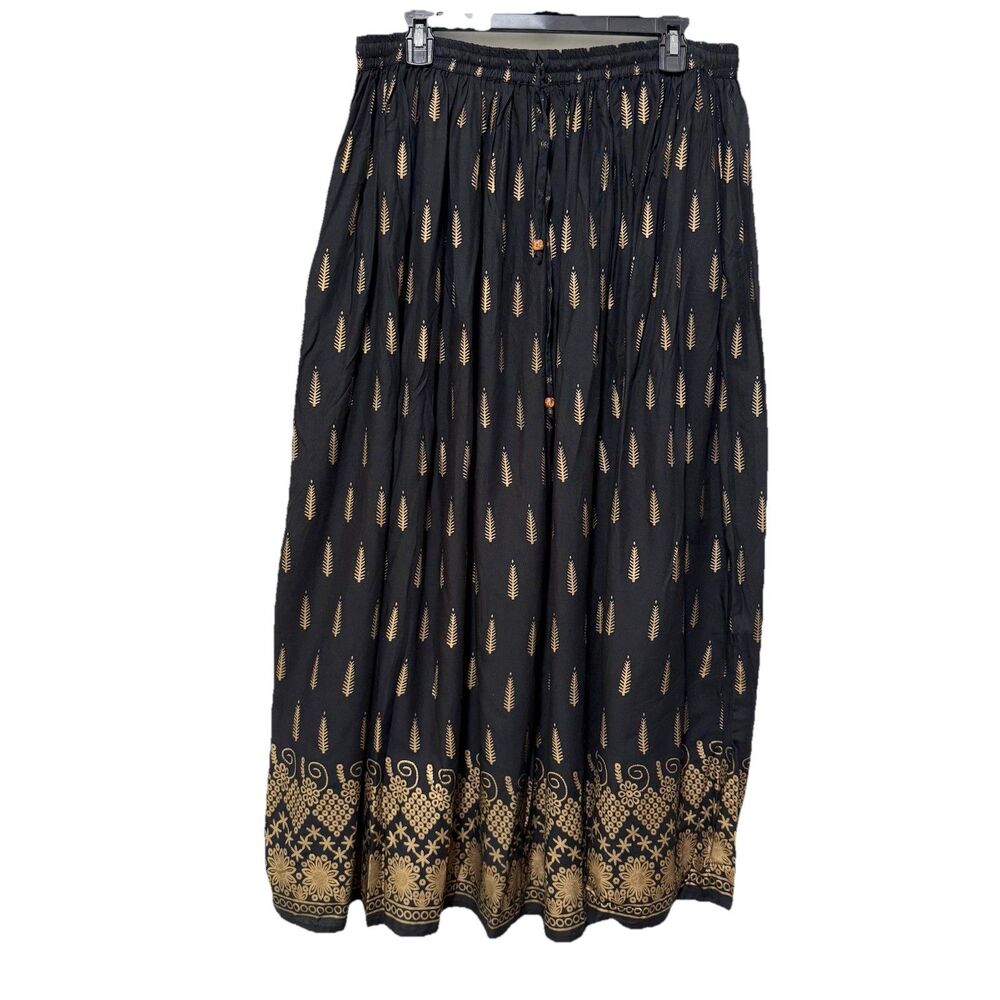 Lapogee Womens 2X Elastic Waist Long Maxi Skirt Black Gold Bohemian